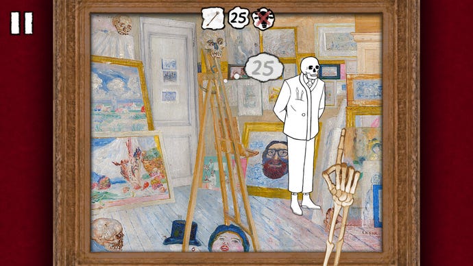 In Please, Touch The Artwork 2 steht ein Skelett im Atelier eines Künstlers
