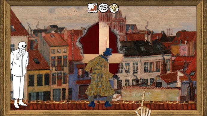 In Please, Touch The Artwork 2 reißt ein Mann mit Hut ein Loch in eine Leinwand, um zu entkommen