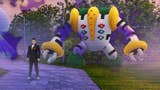 giovanni standing on a stone path of a park with regigigas standing on grass behind him and purple shadow mist colouring the scene
