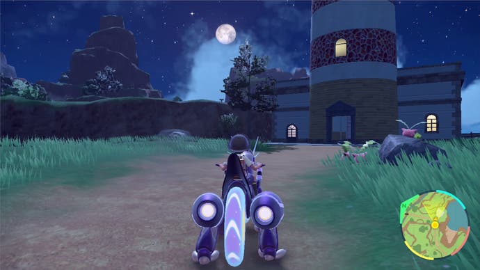 Pokémon Scarlet Violet - riding Miraidon at night towards a lighthouse