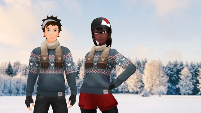 a male and female avatar wearing a grey and blue christmas jumper and a white and brown scarf, while standing in a snowy field with snow covered trees in the background