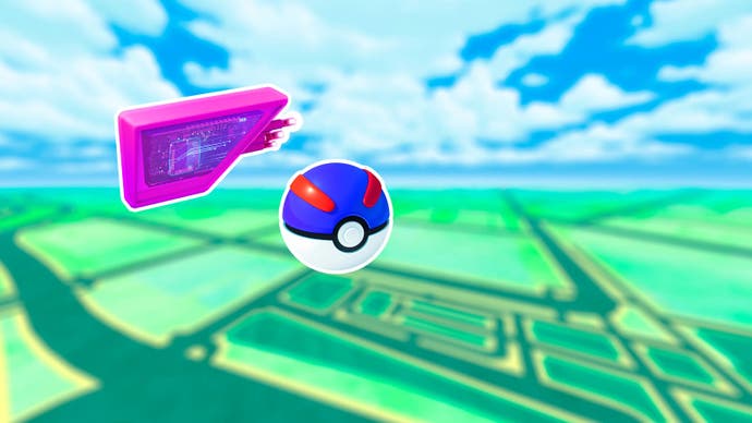 green virtual map background with a purple lure module and a blue and white great ball on top