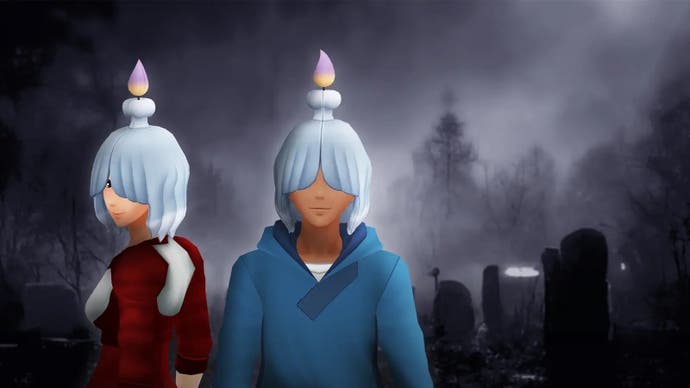 a male avatar in blue clothing and a female avatar in red clothing both wearing a greavard wig avatar item which has a candle coming from the top of their heads, on a foggy dark background in a graveyard