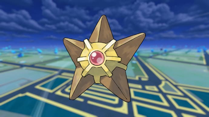 Staryu on a background of Pokemon Go streets. A dark sky is in the background
