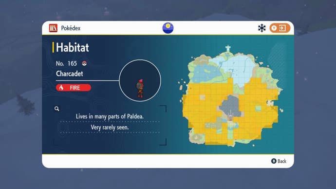 Charcadet's habitat shown on a map of Paldea in Pokemon Scarlet and Violet