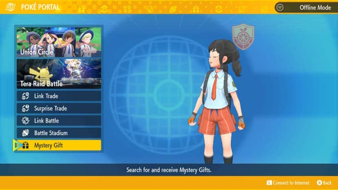 The Mystery Gift option is shown in the Poke Portal menu in Pokemon Scarlet and Violet