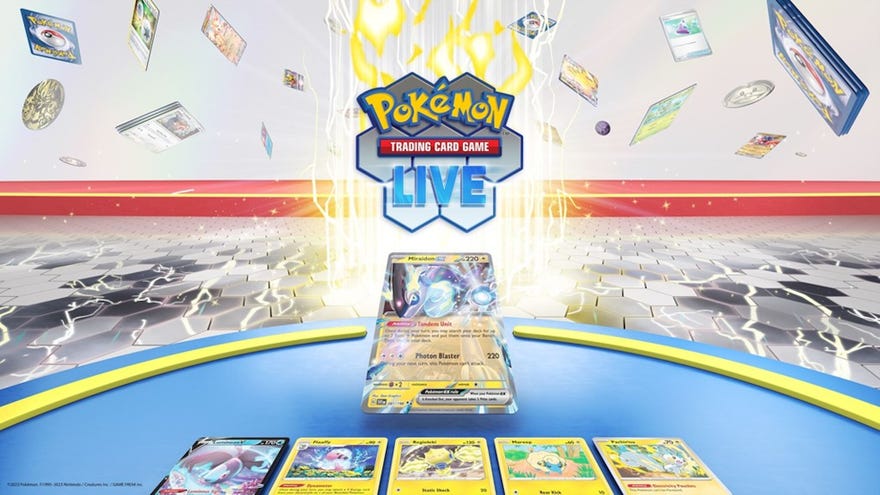 Card with Miraidon sits under a logo for the Pokémon Trading Card Game Live