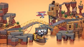 A pirate ship crosses under a bridge while an airborne ship flies above it in Poly Bridge 3