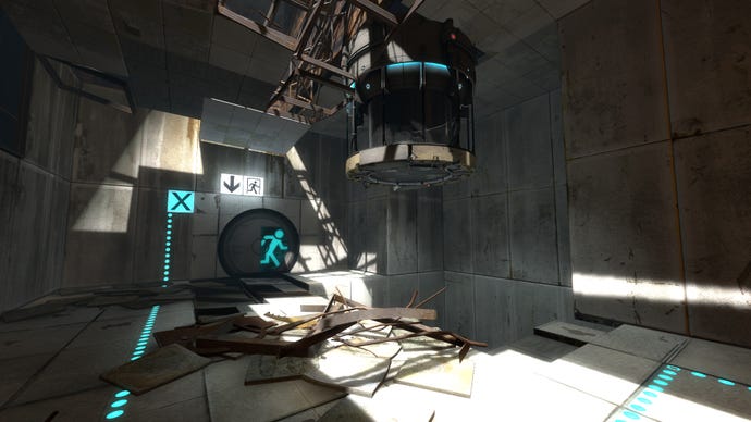 A damaged old testing chamber with ceiling and floor tiles missing in Portal 2