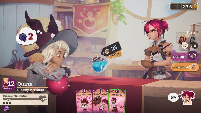Two witches haggle over a potion in a fantasy potion shop.