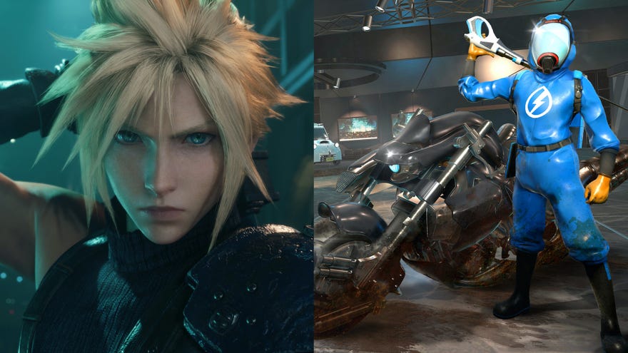 Dual image of Final Fantasy 7's Cloud on the left and the PowerWash Simulator guy on the right, imitating Cloud's pose