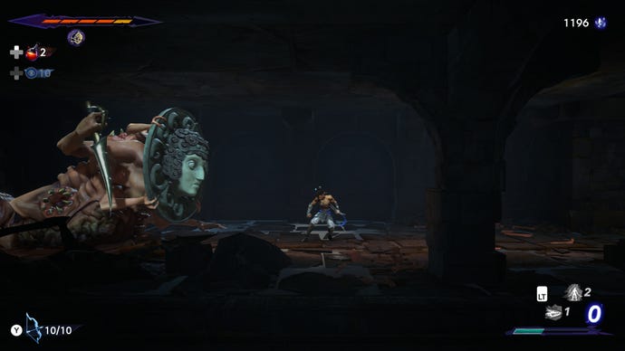A fleshy creature with a medusa mask approaches Sargon in a sewer in Prince Of Persia: The Lost Crown
