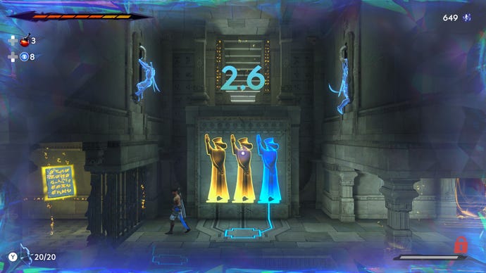 Two ghost Sargons hang from switches as a third walks toward a door in Prince Of Persia: The Lost Crown