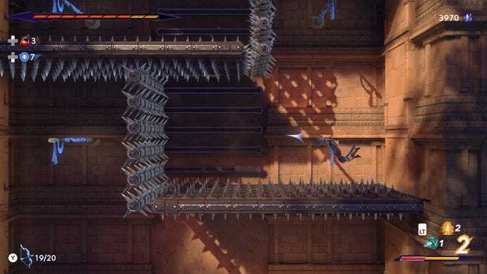 Sargon swings through a series of spiky gauntlets  in Prince Of Persia: The Lost Crown