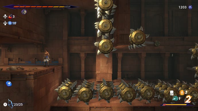 Sargon approaches a room full of rotating blades in Prince Of Persia: The Lost Crown