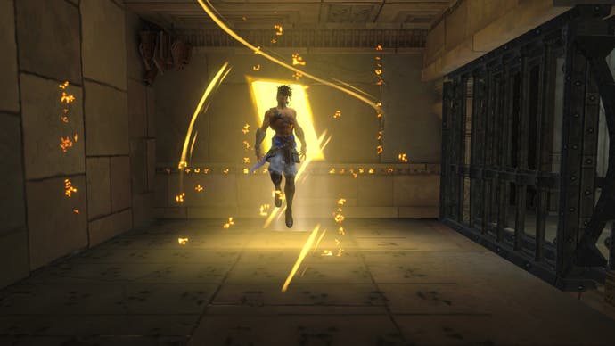 A hero shot of Prince of Persia: The Lost Crown's hero floating in the air, backlit by a block of light.