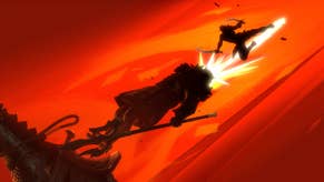 Prince of Persia The Lost Crown official screenshot showing Sargon silhouetted against a red-orange background, dramatically taking out a boss with a flying kick.