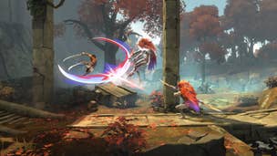 Prince of Persia: The Lost Crown protagonist attacks an enemy in aerial combat, in a wooded forest setting.