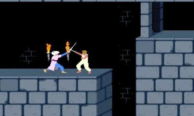 The Prince of Persia sword fights an enemy in a dungeon just ahead of a steep drop