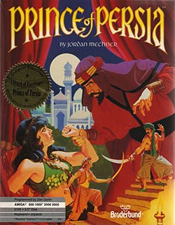 The Prince of Persia box cover showing an evil vizier harrassing a beautiful princess while a hero engages in a swordfight on some stairs