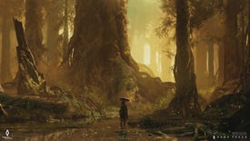Shadowy figure stands in the middle of the woods in concept art for Project Bloom