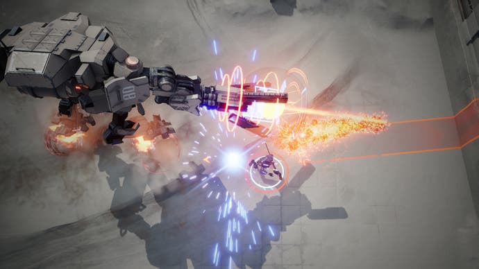 Wakerunners screenshot of players battling a giant mech top-down perspective