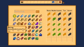 Stardew Valley's 55 fish laid out on the right, while a Wordle-like guess sheet sits on the right.