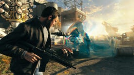 Jack Joyce throws a time bubble at an enemy while holding a rifle in the other hand in Quantum Break