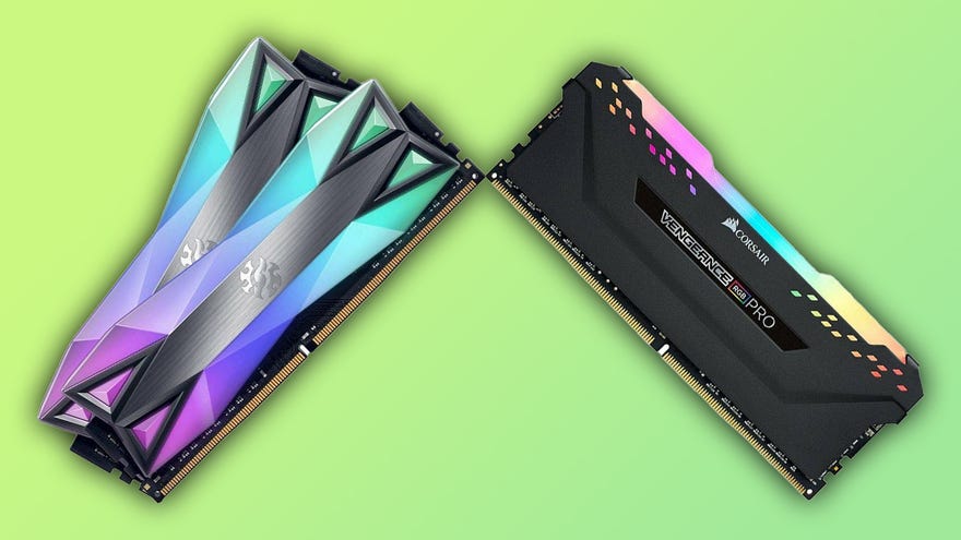 three sticks of rgb-encrusted ram, resting on each other unexpectedly in the air.