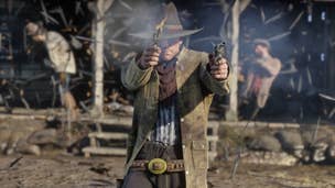 Arthur dual-wields two revolvers and points towards the camera in Red Dead Redemption 2