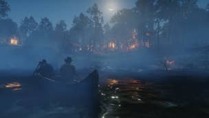 Two men ride a boat through a lake during the night in Red Dead Redemption 2