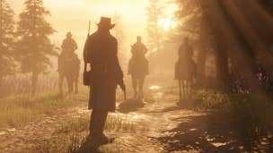 Arthur's silhouette is shown facing three men on horseback in Red Dead Redemption 2