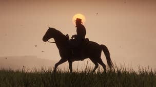 Arthur rides on horseback through the sunset in Red Dead Redemption 2