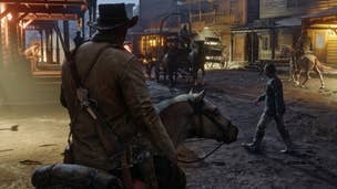 Arthur rides his horse in one of Red Dead Redemption 2's small towns