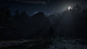Arthur Morgan stands outside of the cave where the Feral Man (also known as a wereman or werewolf) can be found in Red Dead Redemption 2