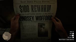 Arthur looks at a bounty poster in the sheriff's station in Saint Denis in Red Dead Redemption 2