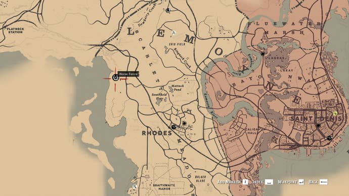 The Horse Fence north of Rhodes is marked on the Red Dead Redemption 2 map