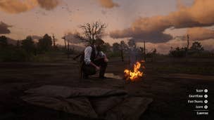 Arthur sets up a camp in the wilderness to rest and craft at in Red Dead Redemption 2