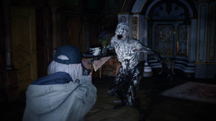 Rose is shown firing at a monster in third-person mode, in Resident Evil Village DLC, Shadows of Rose.