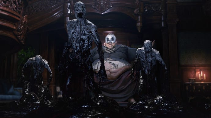 Three ashen zombies rise up out of red gore, while the masked Baron sits smiling behind them in Resident Evil Village's Shadows Of Rose DLC