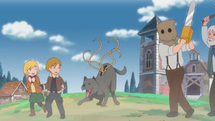 A screen from the anime trailer for Resident Evil 4, showing Ashley, Leon, a Colmillo, and Dr. Salvador