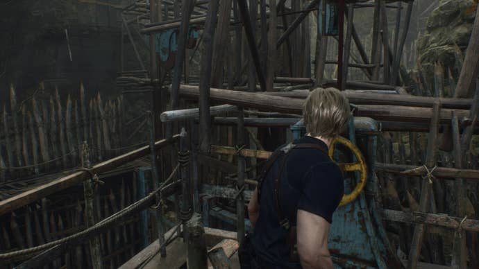 Leon turns a wheel in Resident Evil 4 Remake