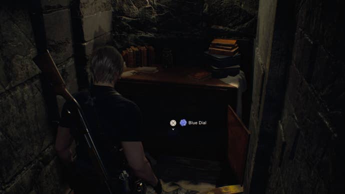 Leon finds the blue church dial in a cupboard in Resident Evil 4 Remake