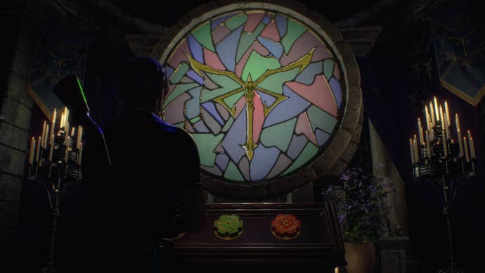 Leon solves the stained-glass window puzzle in the church,  in Resident Evil 4 Remake