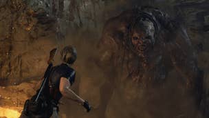Leon looks at the huge beast that is El Gigante in The Quarry of the Resident Evil 4 Remake