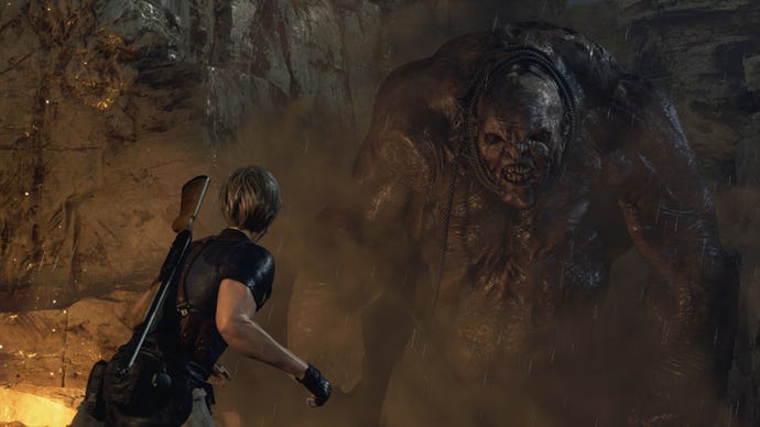 Leon looks at the huge beast that is El Gigante in The Quarry of the Resident Evil 4 Remake