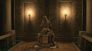 The statue that holds the Halo Wheel in Resident Evil 4 Remake is shown
