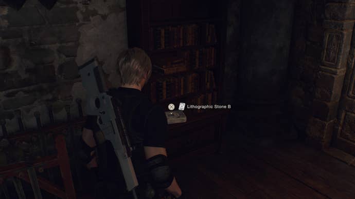 Leon faces one of three Lithographic Stones in Resident Evil 4 Remake
