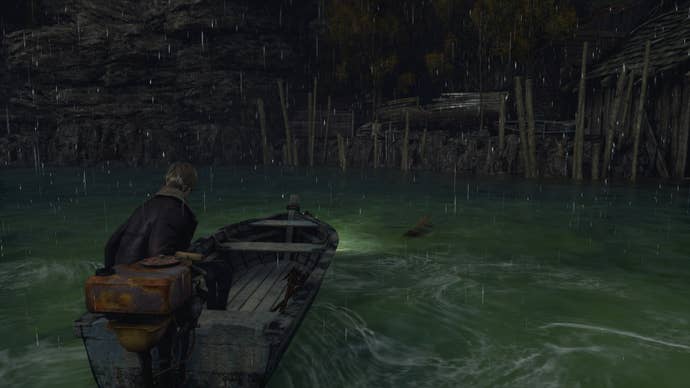 Leon looks at the Lunker Bass in the lake in Resident Evil 4 Remake