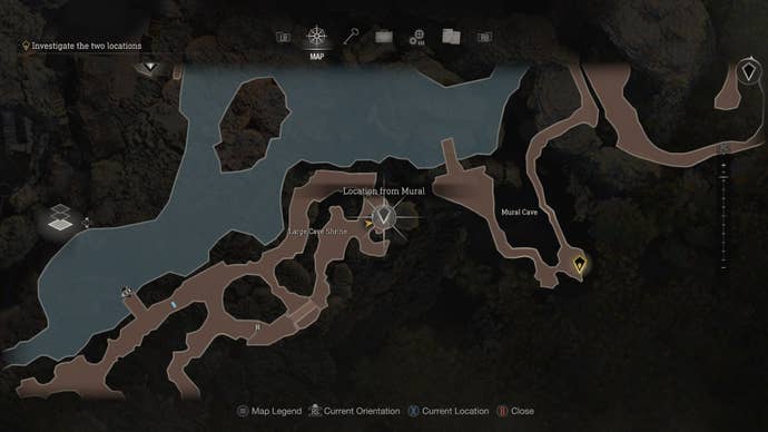 A map of the cave network, displaying the first Mural Location,  in Resident Evil 4 Remake